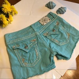 Miss Me | Aqua Shorts Bling Raw Hem Shorts 29